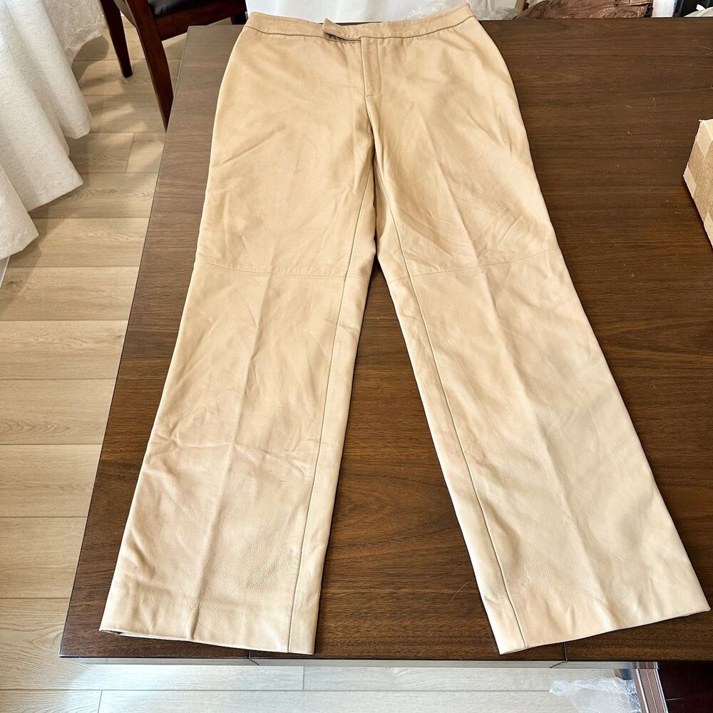 Dana Buchman Women Leather Pants Tan Brown Soft Sz 12 Straight Leg Lined 31x29